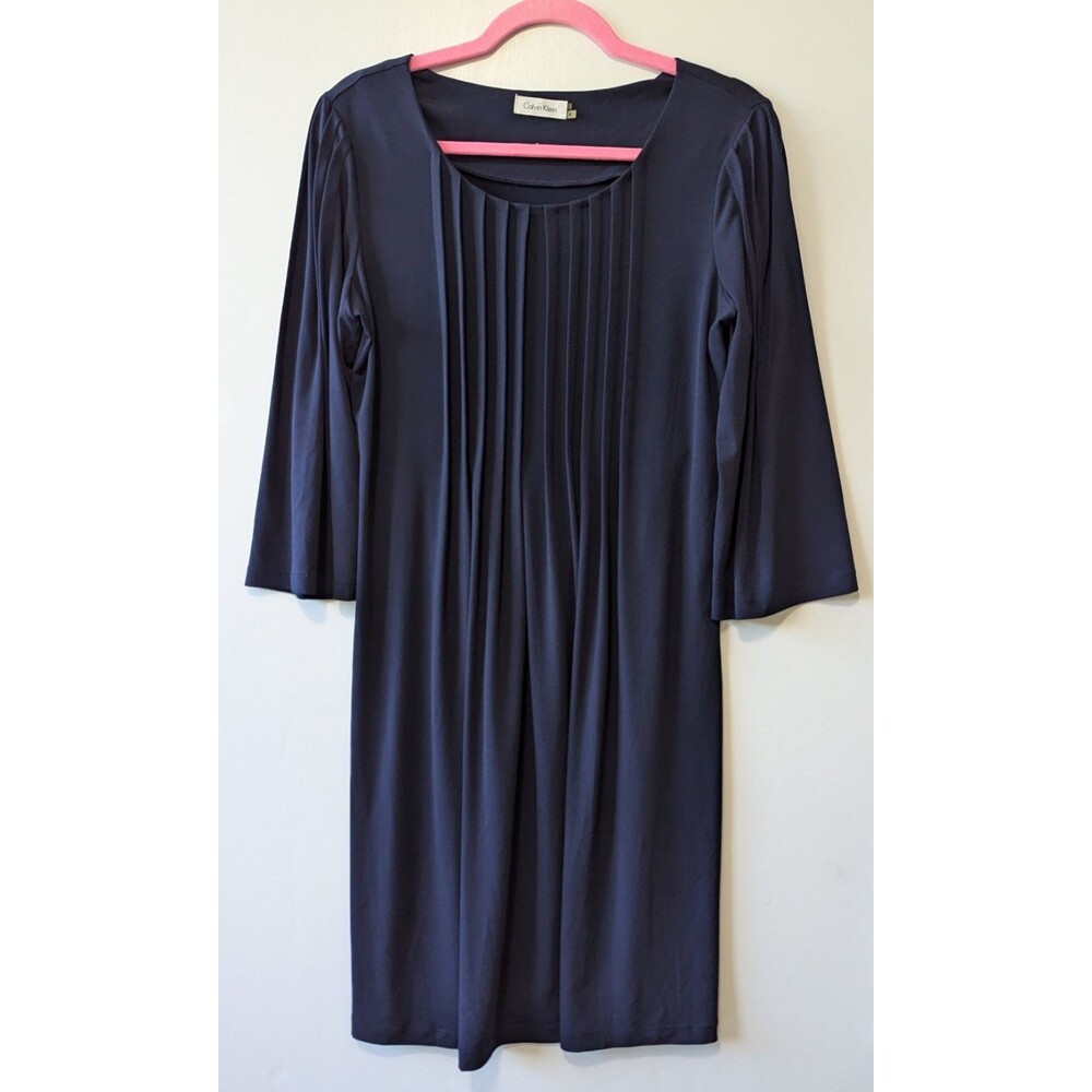 Calvin Klein Navy Blue Stretchy 3/4 Sleeve Dress Scoop Neck Classic Size 4